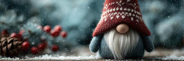 Festive gnome stands surrounded by winter decorations in a snowy setting during the holiday season photo