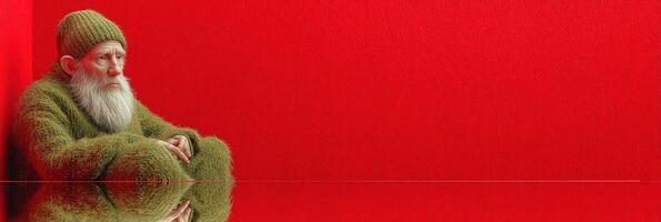 Elderly man dressed in fuzzy green attire sits in contemplative silence against bold red backdrop photo