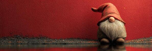 Cute gnome with a red hat sitting by a water reflection against a textured red wall in a whimsical setting photo