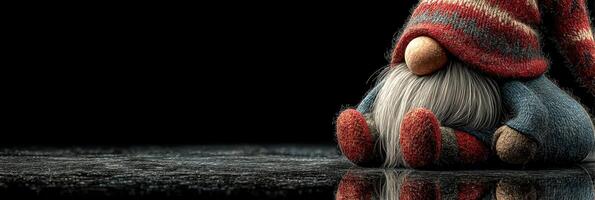 Gnome figurine resting quietly on a reflective surface with soft lighting and textured background photo