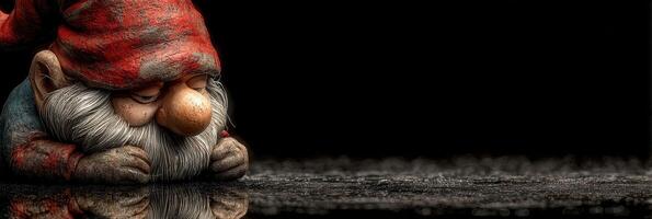 Whimsical garden gnome lost in thought by a reflective surface during twilight hours photo