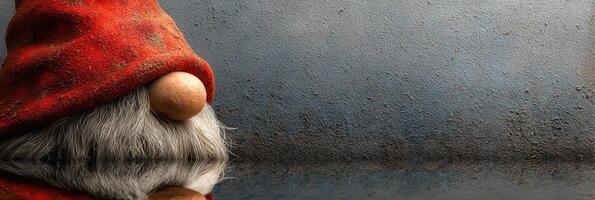 Whimsical garden gnome with a red hat and white beard resting by a reflective surface photo