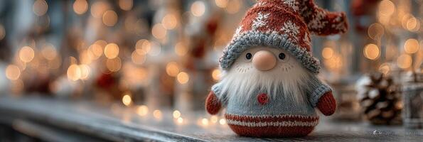 Festive gnome decoration with warm lighting and bokeh effect in a cozy holiday setting photo