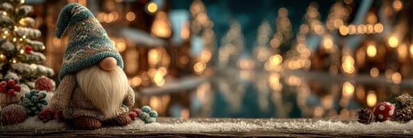 Gnome figurine amid a snowy village with twinkling lights during the winter season photo