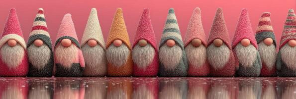 Colorful decorative gnomes lined up against a pink background during a festive gathering photo