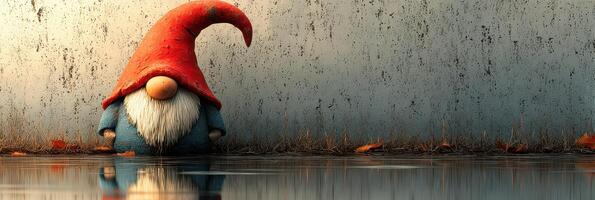Gnome resting by a tranquil pond amidst autumn leaves under a weathered wall during golden hour photo