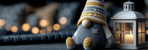 Cozy holiday decoration featuring a gnome with a lantern, creating a warm atmosphere indoors during winter evenings photo
