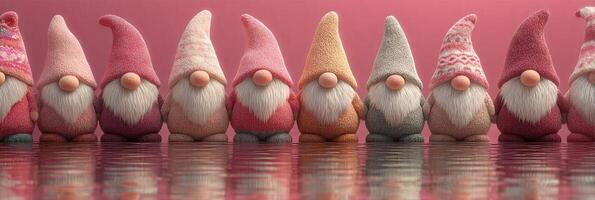 Colorful gnomes lined up along a reflective surface in a festive display during a cheerful celebration photo
