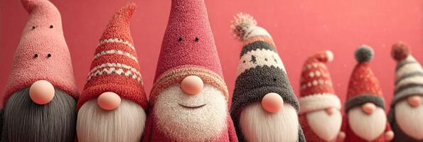 Colorful Christmas gnomes with knitted hats lined up against a red backdrop during the holiday season photo