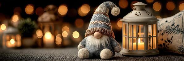 Cozy decorations featuring a knitted gnome and a lantern with warm candlelight during festive winter photo