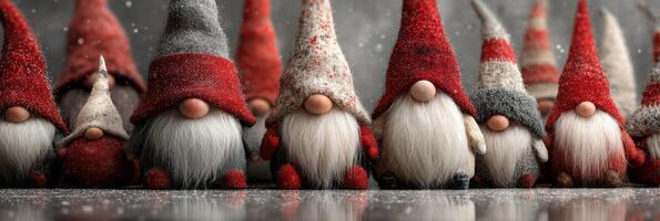 Group of colorful gnomes with distinct hats gathered together in a festive atmosphere during winter season photo