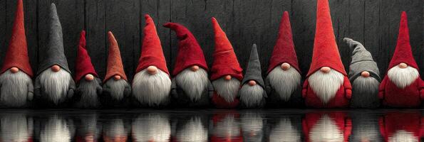 Colorful gnomes arranged along a reflective surface showcasing unique hats and beards in a dark setting photo