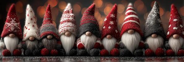 Colorful gnome decorations lined up on a table with festive lights in the background during the holiday season photo