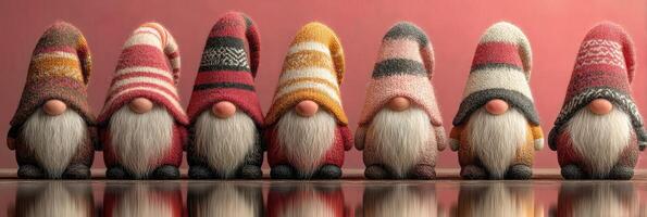 Colorful gnomes with unique hats line up against a pastel backdrop in a cozy setting during autumn season photo