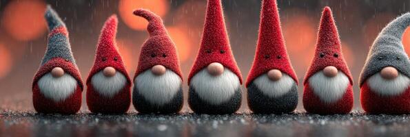 Charming gnomes in vibrant colors create a festive atmosphere on a rainy evening photo