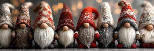 Charming collection of handcrafted gnomes with colorful hats displayed for festive decoration photo