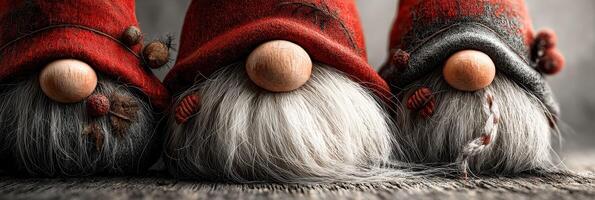 Three handmade gnomes with red hats and beards on a wooden surface during holiday season photo