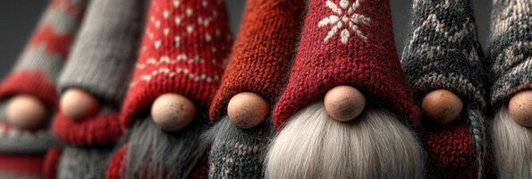Colorful knitted gnomes with festive hats arranged in a line for decoration during winter festivities photo