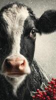 Snowy cow portrait with holiday berries in winter scenery enhancing the festive spirit photo