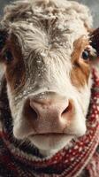 Cute cow with snow on its fur wearing a colorful scarf in a winter landscape photo