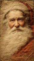 Classic portrait of a bearded man dressed as Santa Claus looking thoughtfully at the viewer in a warm, nostalgic setting photo