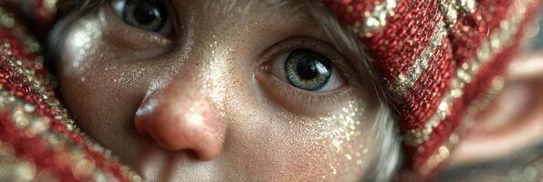 Close-up of a child's face adorned with festive colors and sparkling details in a cozy winter setting photo
