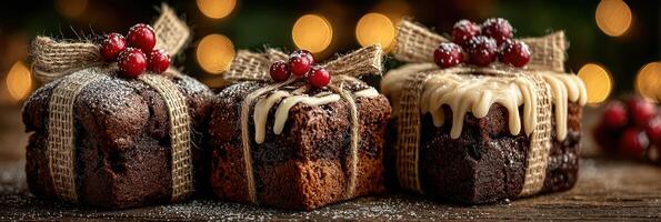 Deliciously decorated holiday cakes with festive garnishes and twine in a warm atmosphere photo