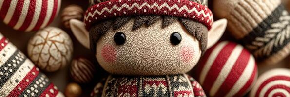 Handcrafted holiday elf surrounded by decorative orbs in festive red and beige colors photo