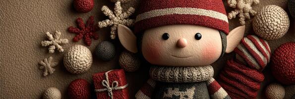 Holiday-themed festive elf surrounded by colorful decorations and gifts in a cozy winter setting photo