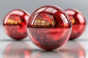 Bright red glass orbs reflect light in a contemporary setting with modern architecture under a bright sky photo