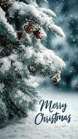 Snow-covered pine branches adorned with pine cones celebrate the spirit of Christmas during a serene winter day photo