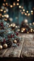 Beautiful winter holiday decorations with pinecones and glowing lights on wooden surface photo