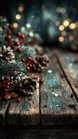 Winter decoration featuring pinecones, red berries, and soft lighting on a rustic wooden table photo
