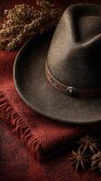 Rustic cowboy hat placed on a textured blanket with decorative elements highlighting Western heritage photo
