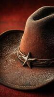 Cowboy hat with dust resting on a rustic surface showcasing Western style and authentic craftsmanship photo
