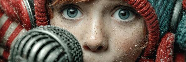 Young musician with vibrant hair passionately singing into a microphone in a snowy outdoor setting during winter photo