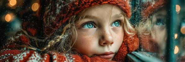 Child with blue eyes gazing out the window on a snowy winter day during the holiday season photo