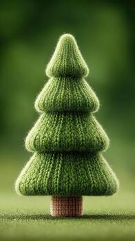 Knitted green tree stands elegantly on soft surface against a blurred natural background photo