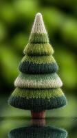 Knitted decorative tree crafted from vibrant yarn in a soft-focus background during daylight photo