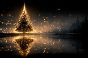 Glowing Christmas tree reflects in tranquil water with soft lights and dark forest backdrop during winter evening photo