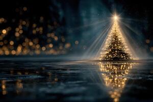 Glowing Christmas tree illuminated by soft lights in a serene winter landscape at night photo
