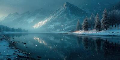 Misty winter landscape with snow-covered mountains and a tranquil river reflecting the serene surroundings photo