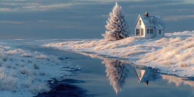 Snowy landscape with a tranquil river and a cozy house surrounded by winter scenery photo