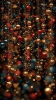 Colorful ornaments hang on strings, creating a festive atmosphere filled with twinkling lights for a celebratory occasion photo
