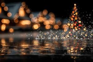 Rain creates reflections and bokeh lights around a festive Christmas tree during a winter evening photo