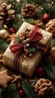 Decorative holiday gift with festive wrapping and seasonal decorations displayed on a wooden surface photo