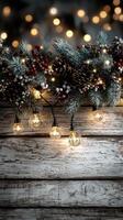 Christmas decorations featuring pinecones and warm lights create a festive atmosphere during the holiday season photo