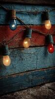 Colorful vintage light bulbs illuminate rustic wooden background enhancing charm during evening gatherings photo
