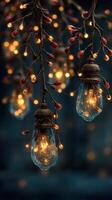 String lights illuminate an enchanting evening setting with warm glow and intricate designs photo
