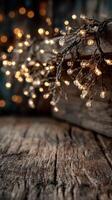Decorative string lights enhance rustic wooden surfaces in a cozy indoor setting during evening hours photo